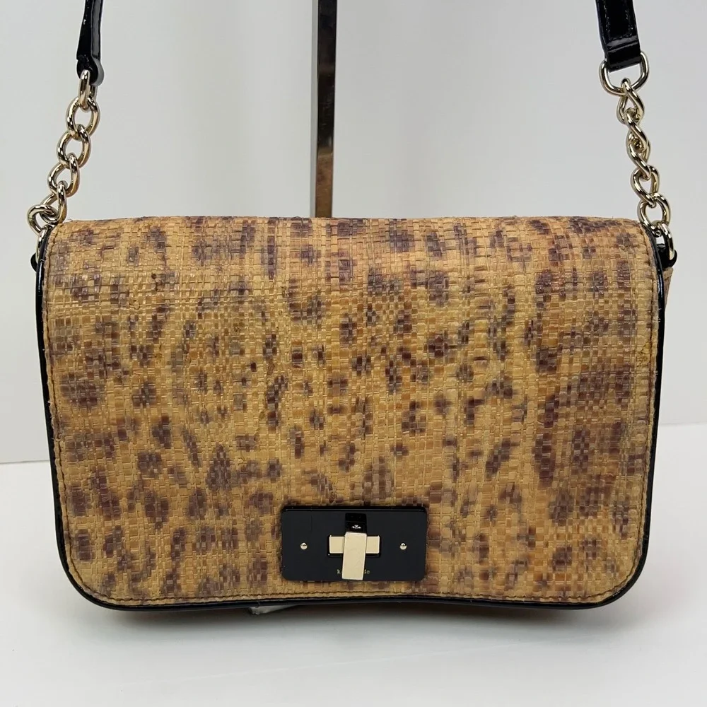 Kate Spade Woven Straw Crossbody Bag Gold Turn Lock Leopard Print Satchel Medium